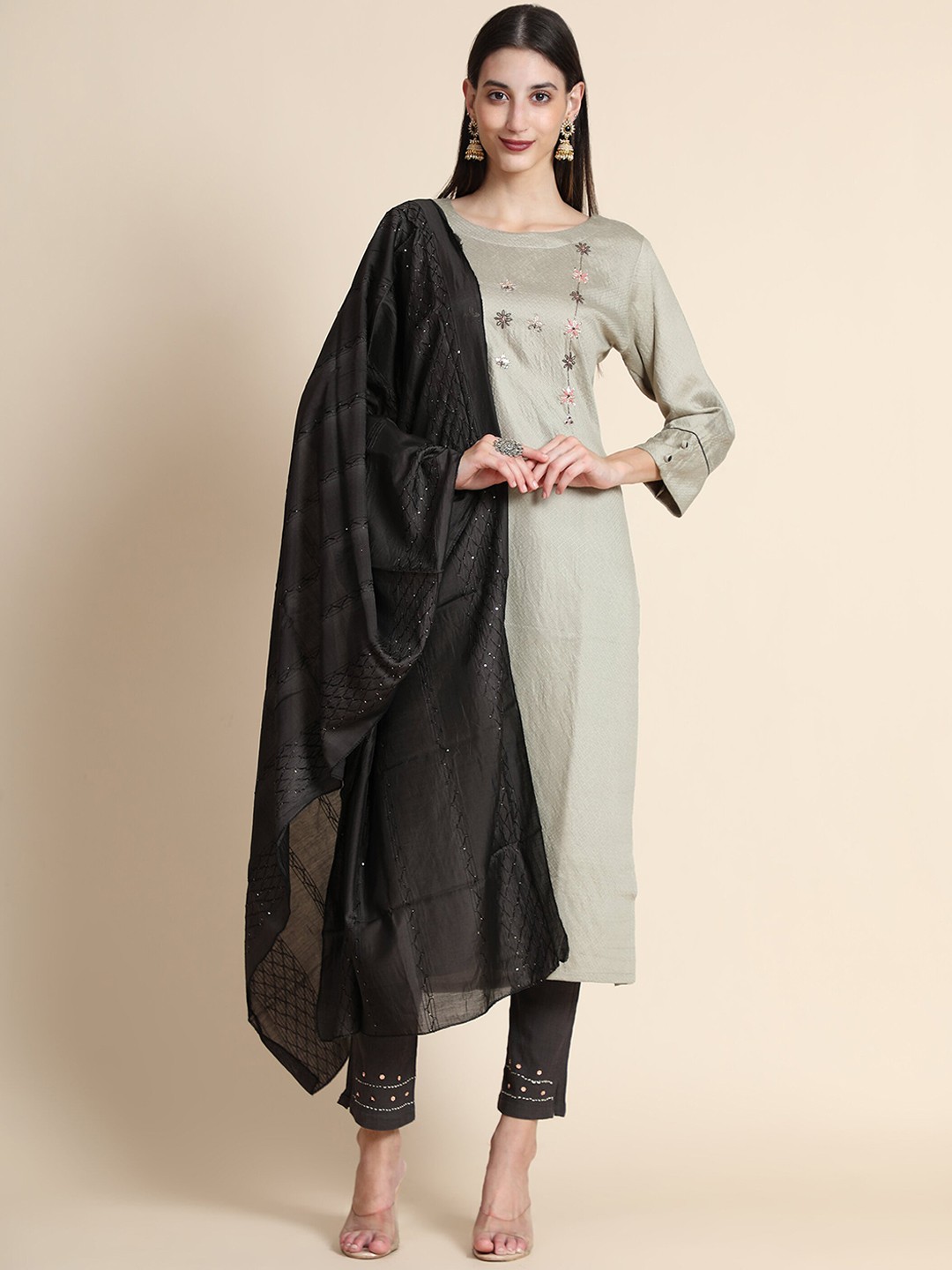 

Color Trends Women Silver-Toned Floral Embroidered Kurta with Trousers & Dupatta
