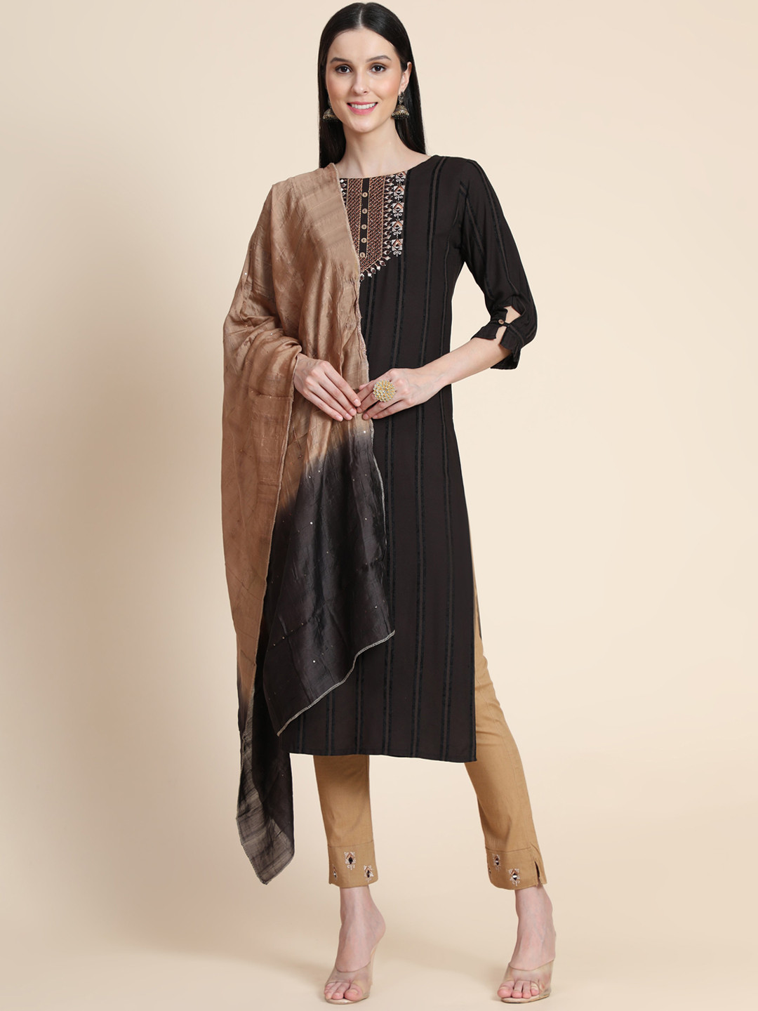 

Color Trends Women Black Striped Kurta with Trousers & With Dupatta