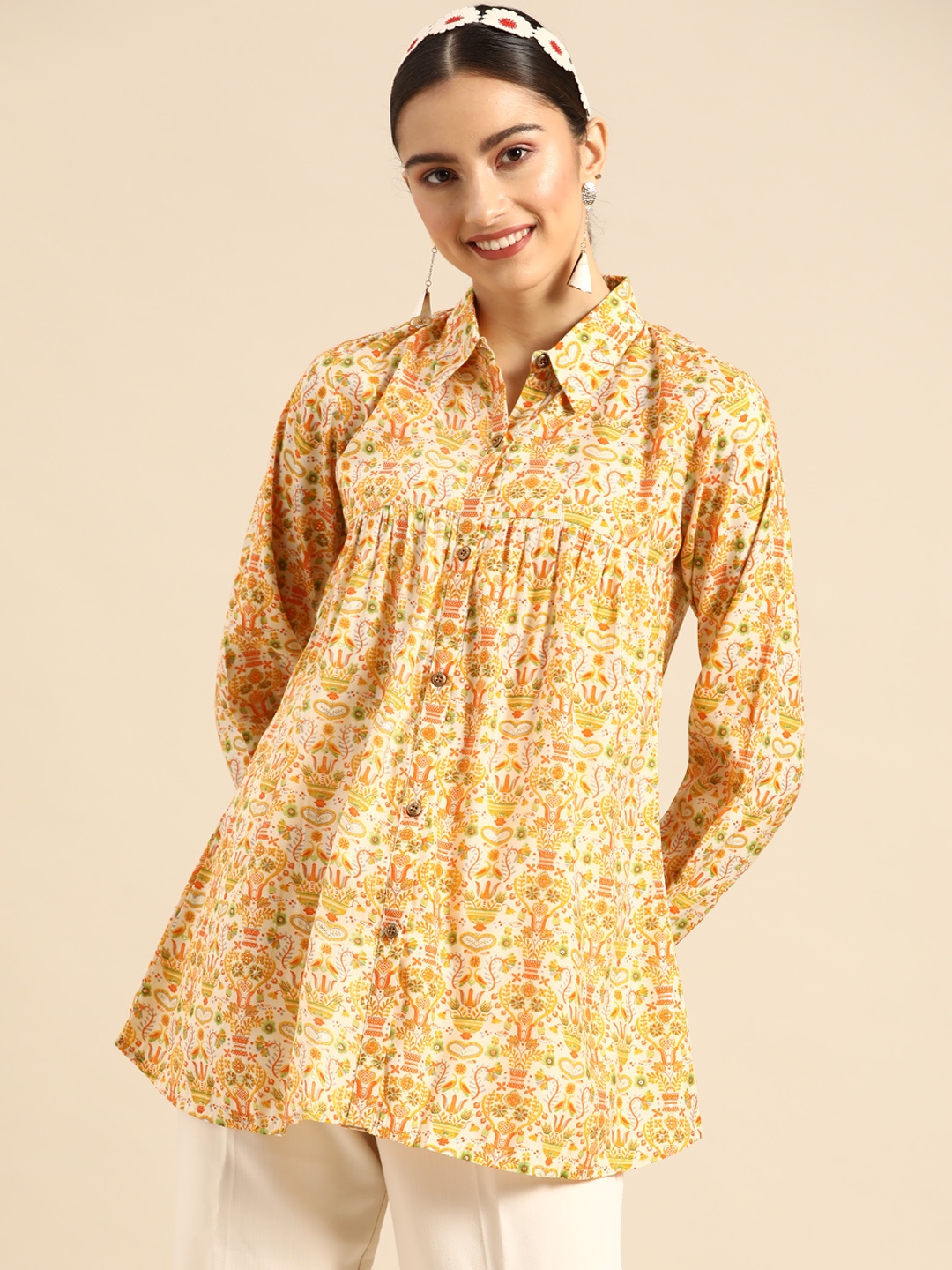 

Sangria Women Yellow Classic Printed Casual Shirt