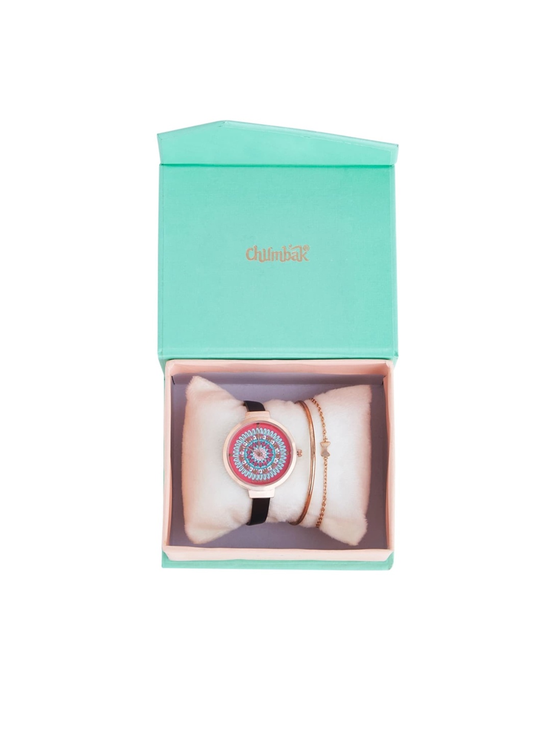 

Chumbak Women Pink Brass Mandala Printed Dial & Black Leather Watch with Bracelet Set