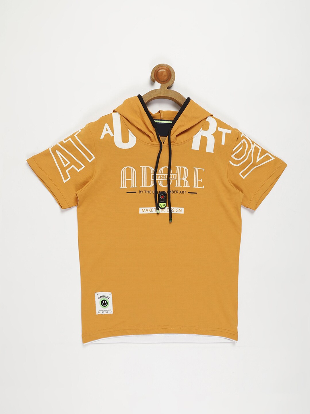

V2 Value & Variety Boys Mustard Yellow Typography Printed Polo Collar Applique T-shirt
