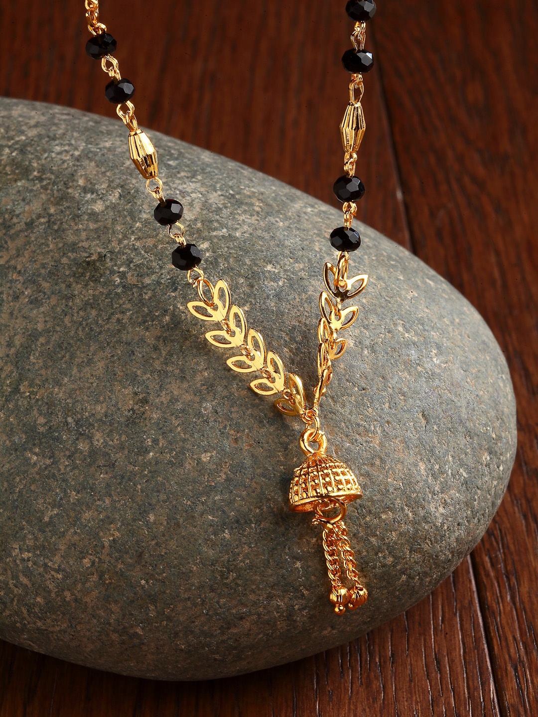

ZENEME Women Gold-Plated Black Beaded Floral Mangalsutra