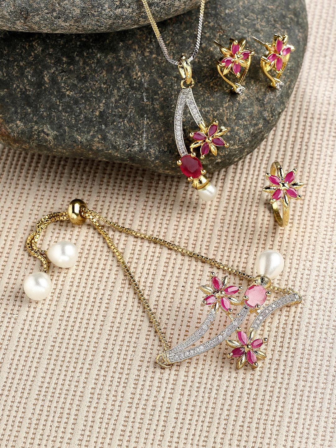 

ZENEME Gold-Plated White & Pink CZ Stone-Studded Pendant Jewellery Set