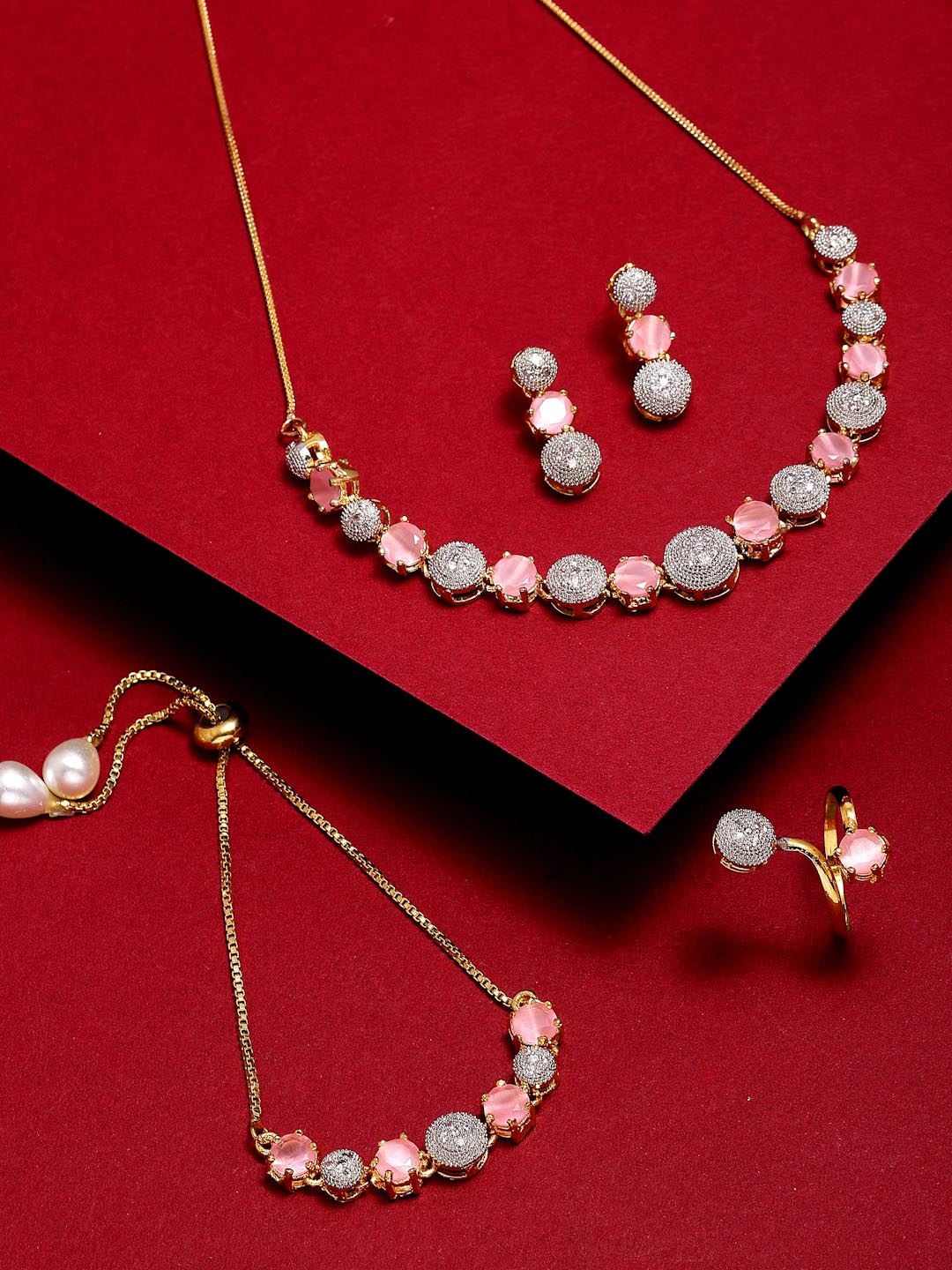 

ZENEME Gold-Plated Silver Toned & Pink AD Studded & Beaded Jewellery Set