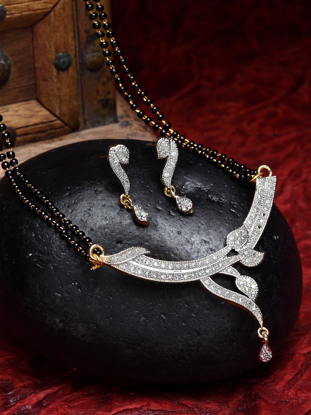 

ZENEME Gold Plated Black Beaded White AD-Stone Studded Mangalsutra & Earrings Set