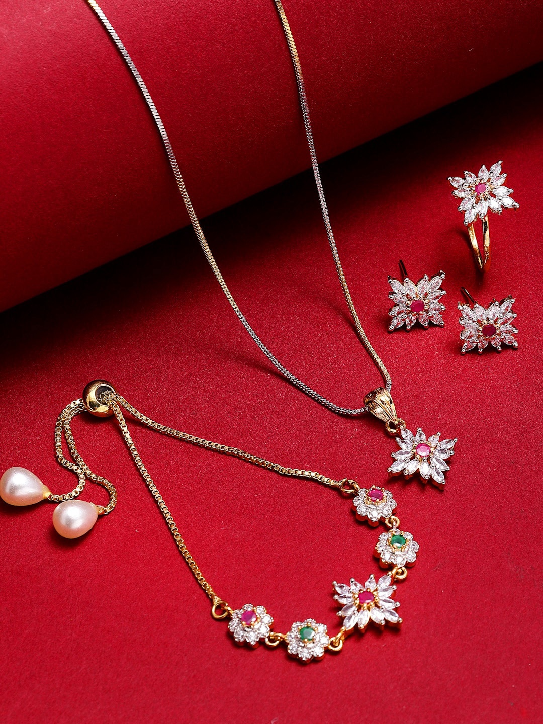 

ZENEME Women Jewellery set of chain with pendent , bracelet, ring and earrings., Gold