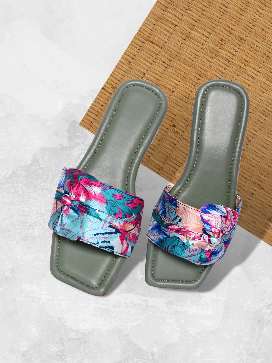 

PERY PAO Women Green Printed Open Toe Flats