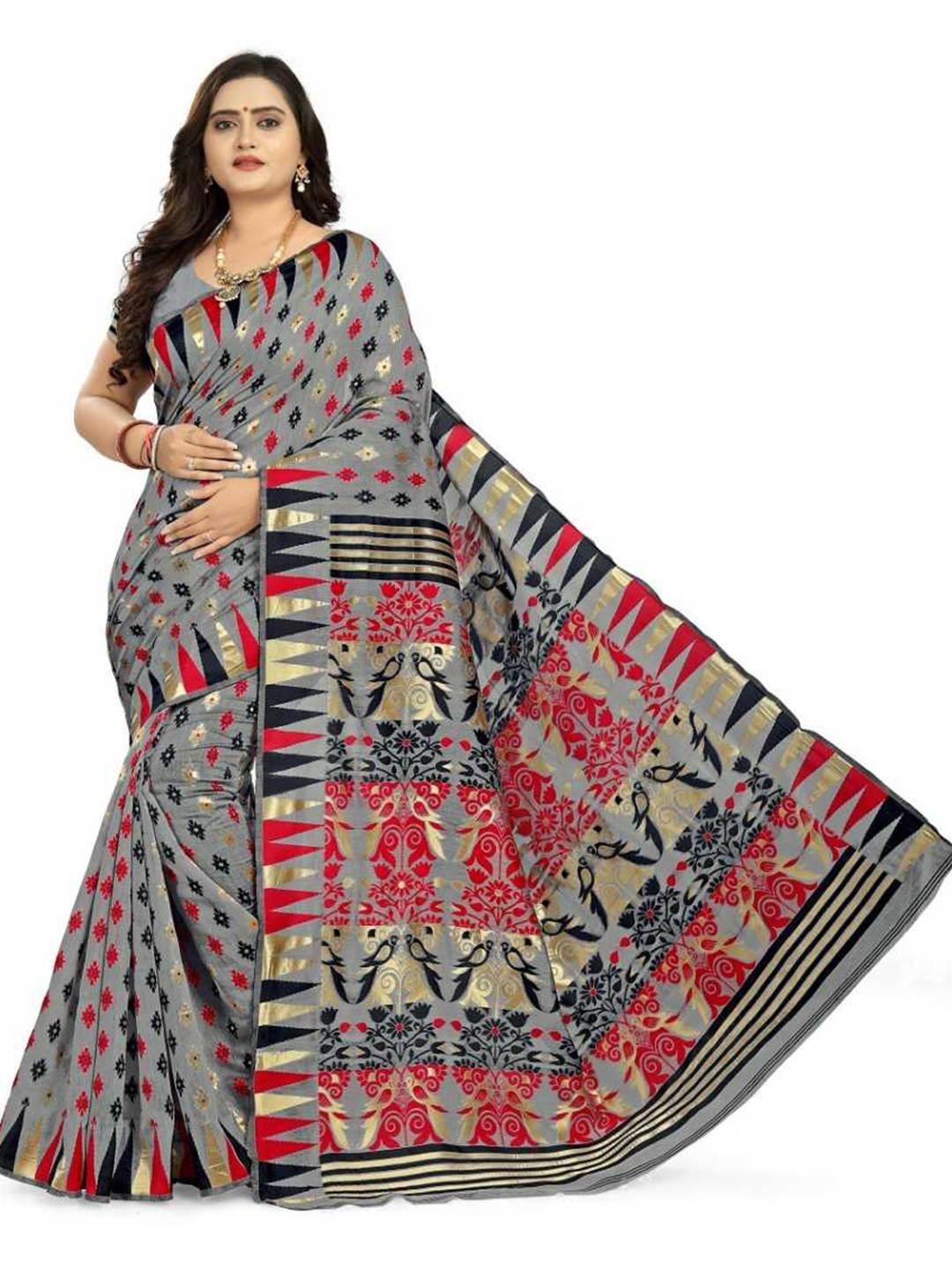 

DITISA FASHION Grey & Red Woven Design Saree