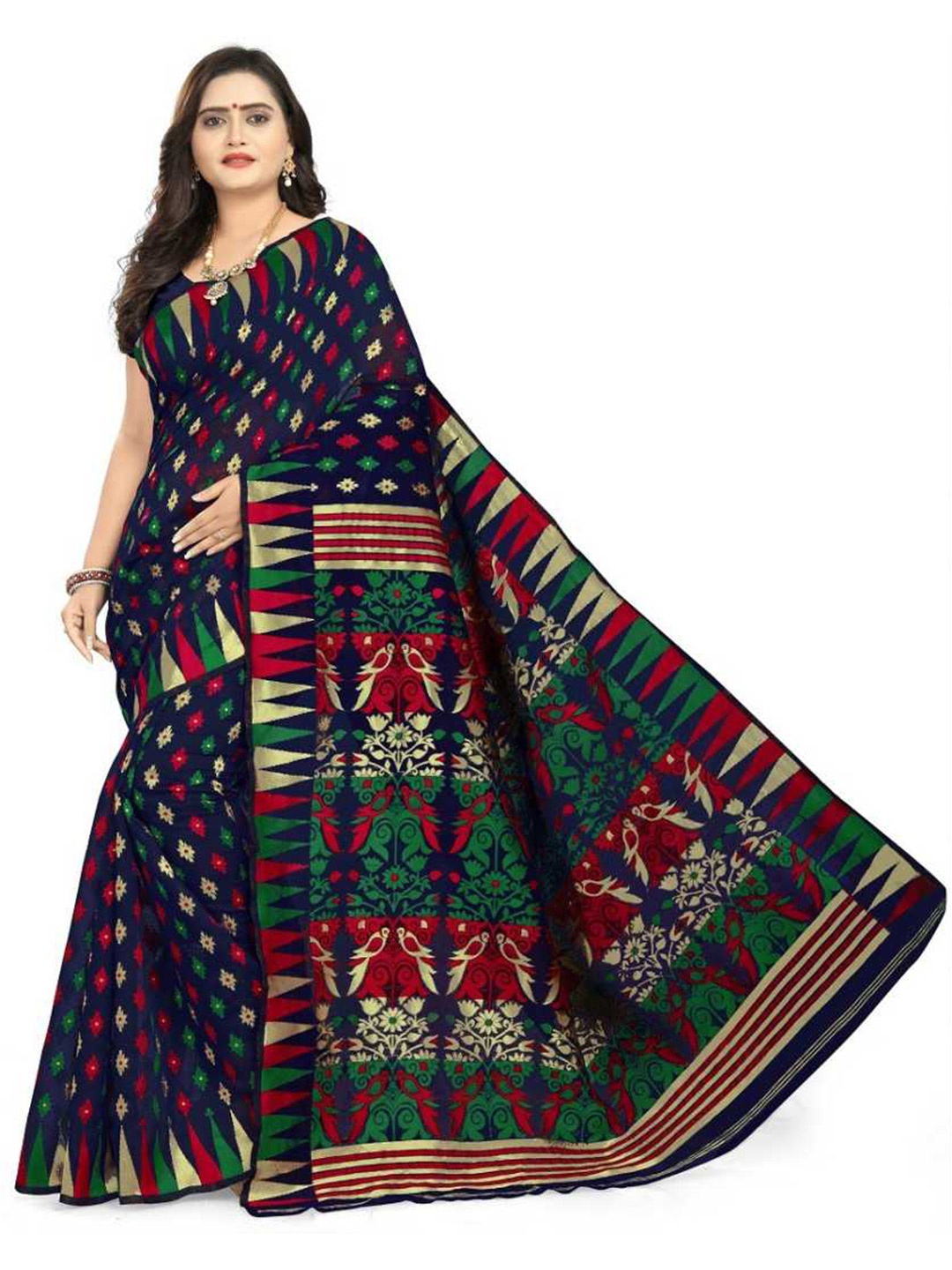 

DITISA FASHION Navy Blue & Green Woven Design Poly Silk Saree