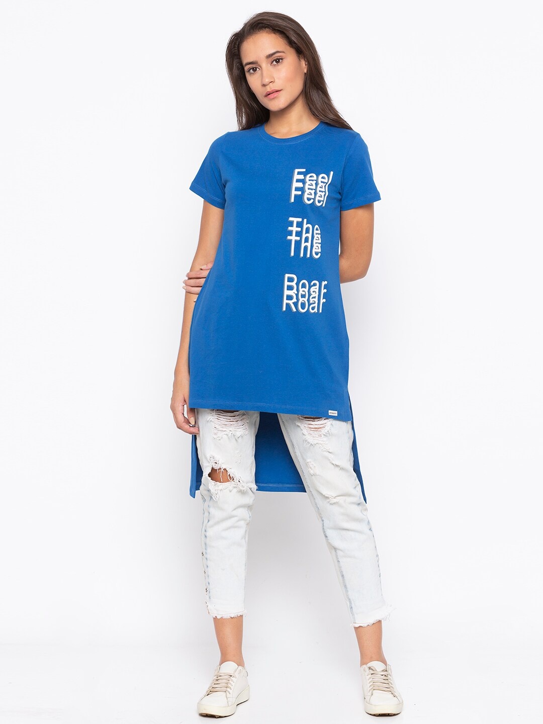 

Disrupt Women Royal Blue Typography Printed High Low Hem Cotton T-shirt