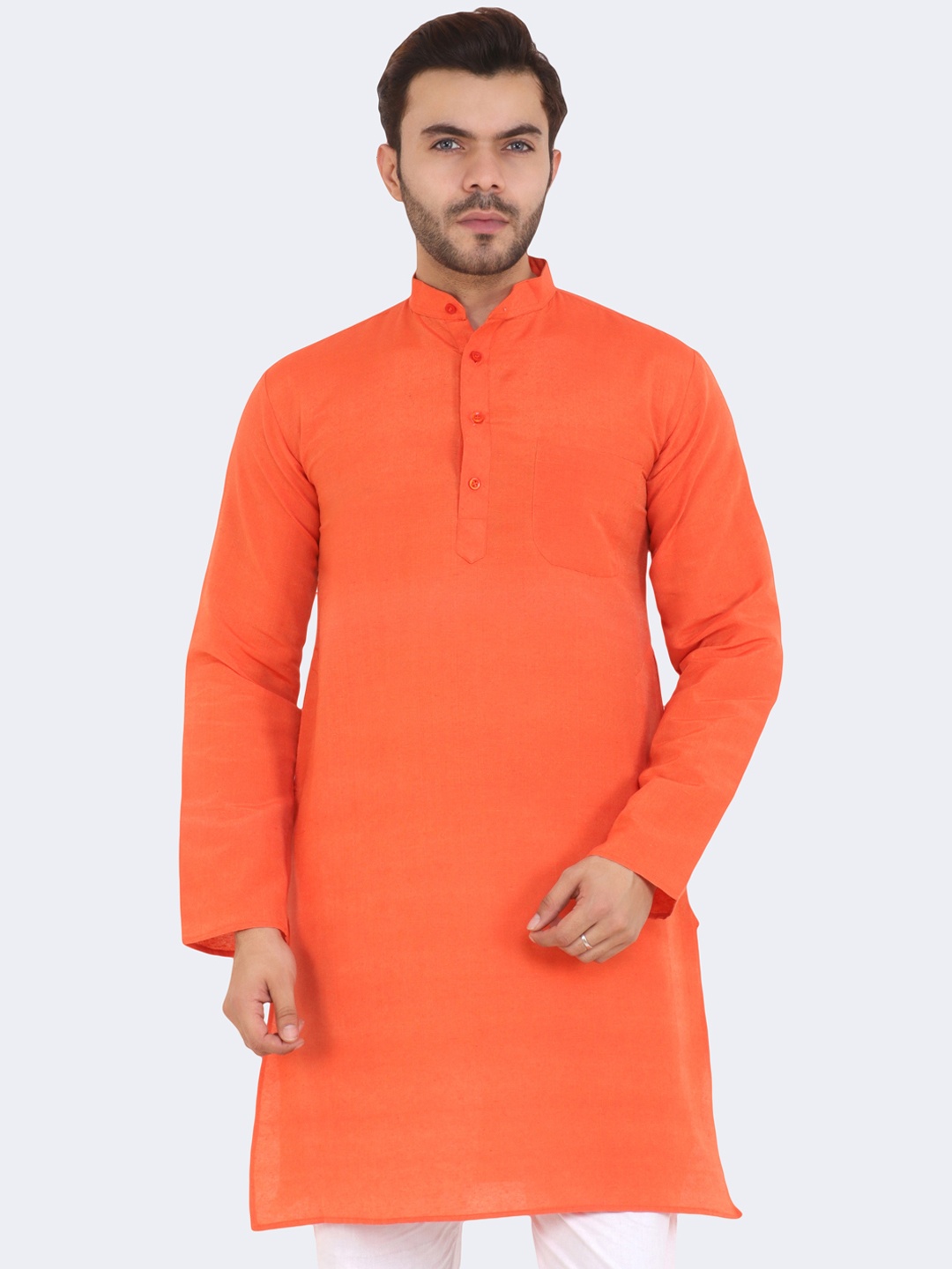 

Latest Chikan Garments Men Orange Mandarin Collar Side Slit Kurta