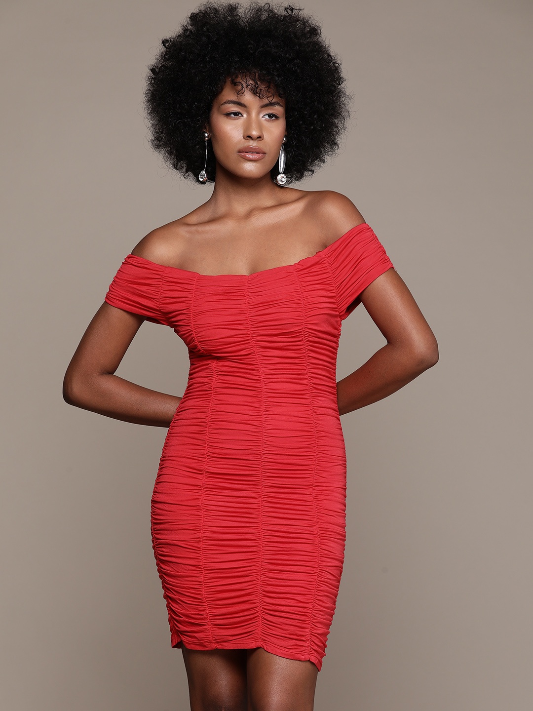 

bebe Future Glam Off-Shoulder Ruched Bodycon Mini Dress, Red