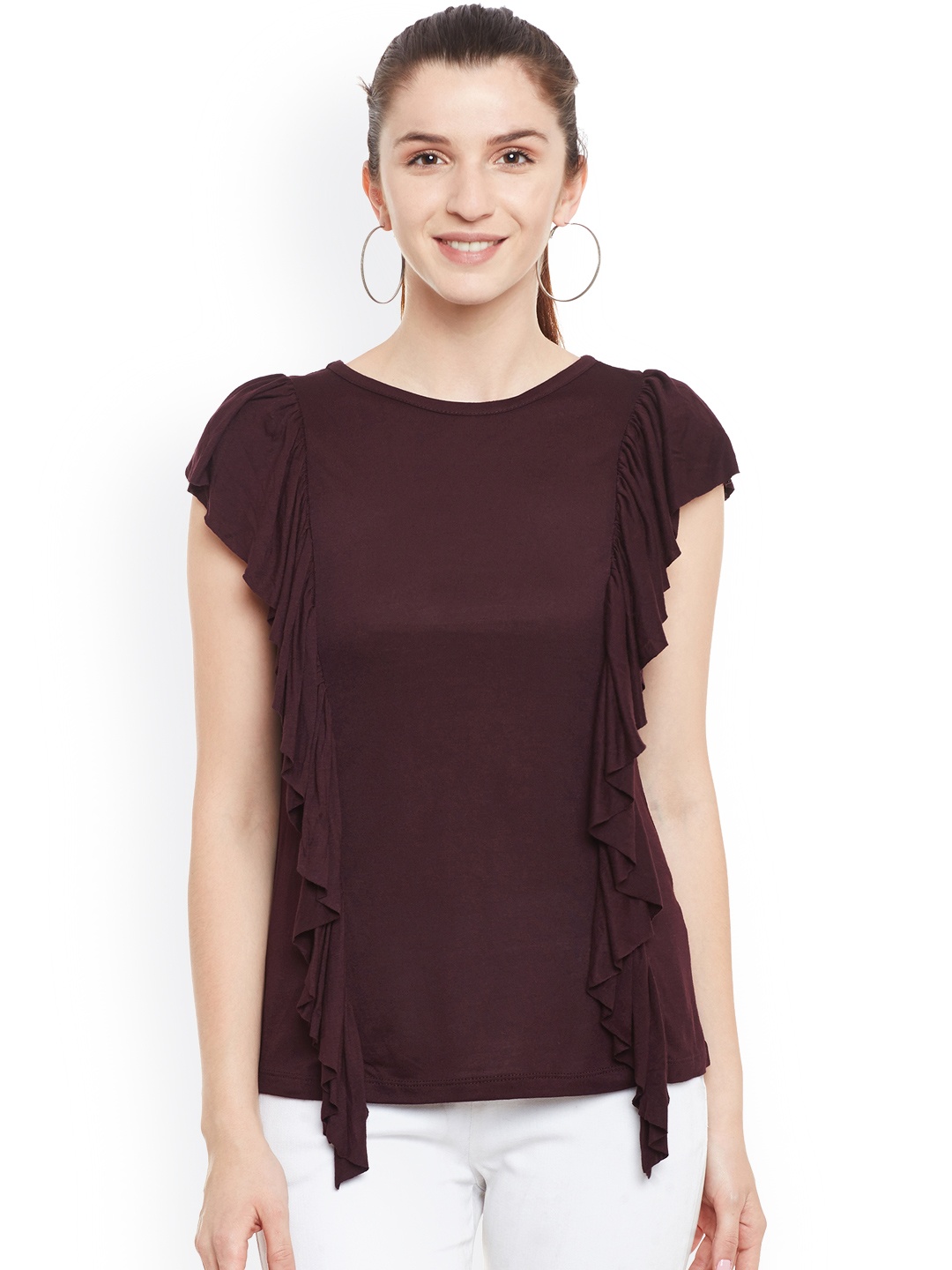 

Belle Fille Women Burgundy Solid Top with Ruffled Detail