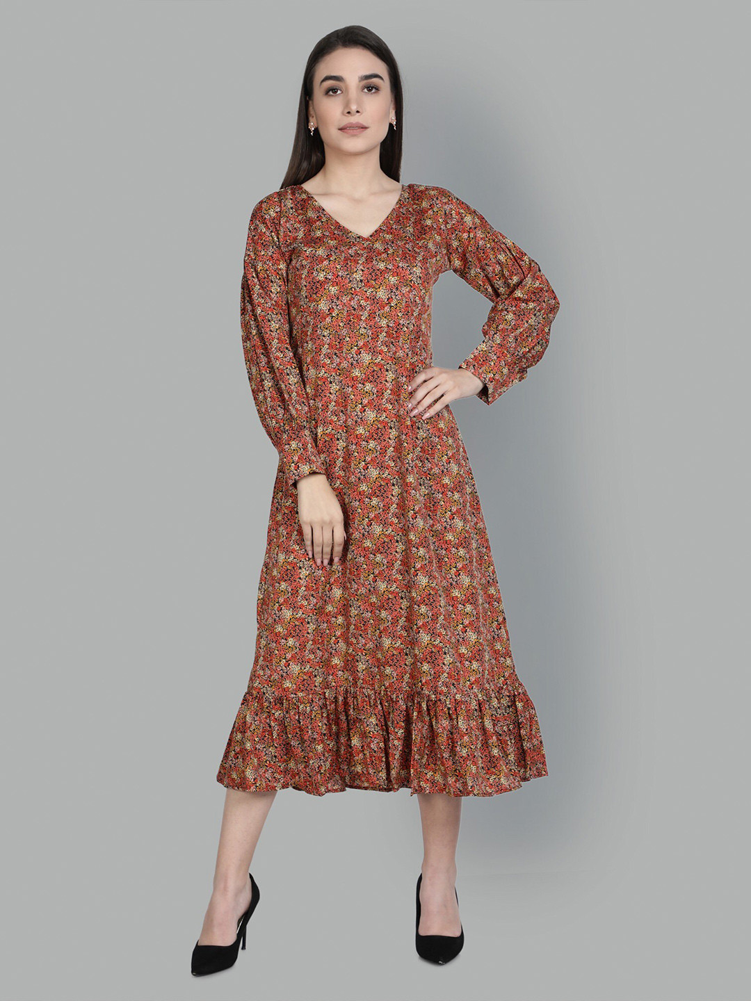 

ISAM Brown & Multicoloured Floral Crepe A-Line Midi Dress