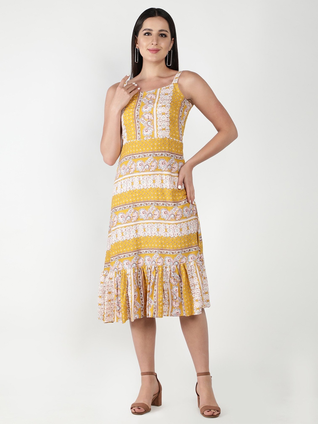 

ISAM Yellow Floral Fit & Flare Midi Frill Dress
