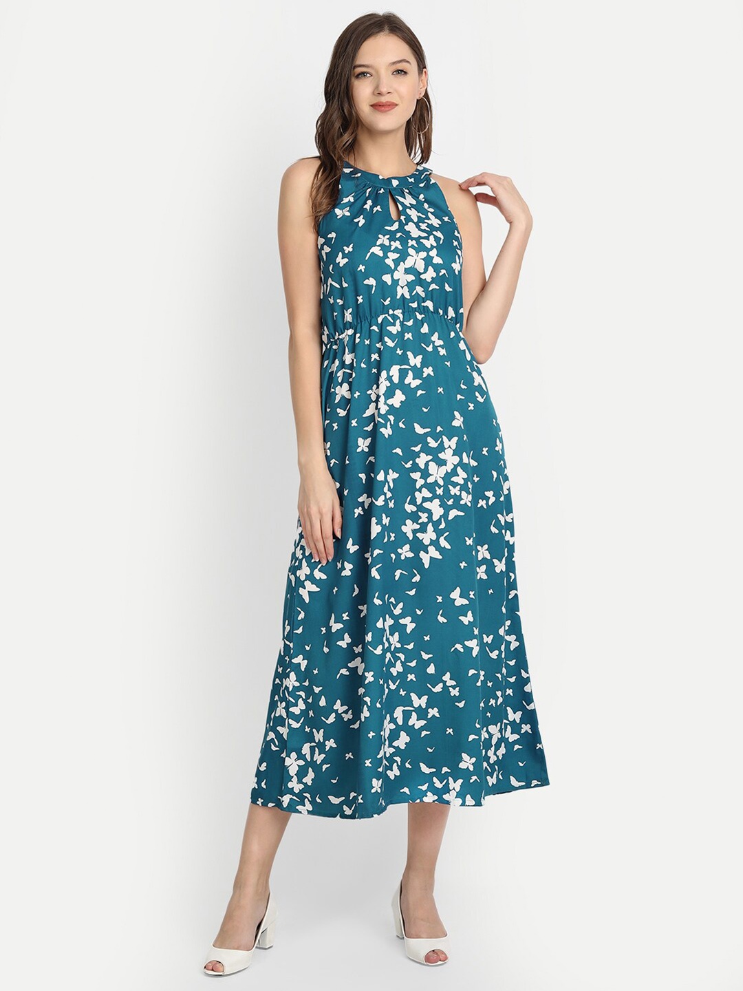 

ISAM Teal Blue Keyhole Neck Crepe Midi Dress