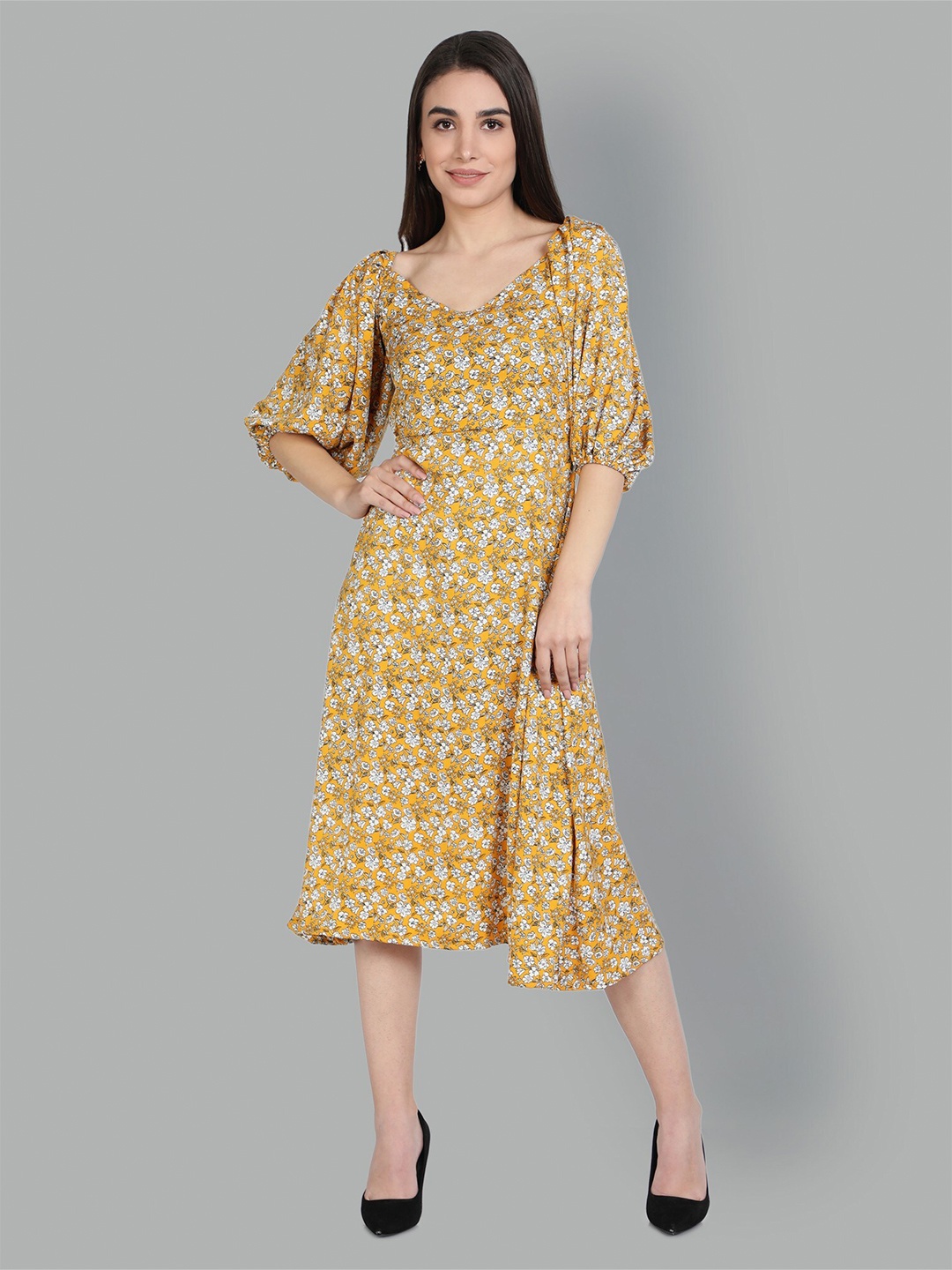 

ISAM Yellow Floral A-Line Midi Dress