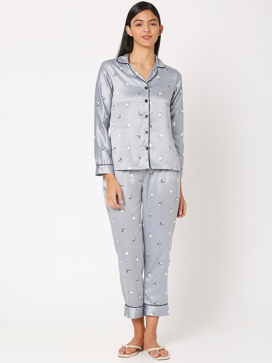 

Smarty Pants Women Grey & White Printed Satin Night suit