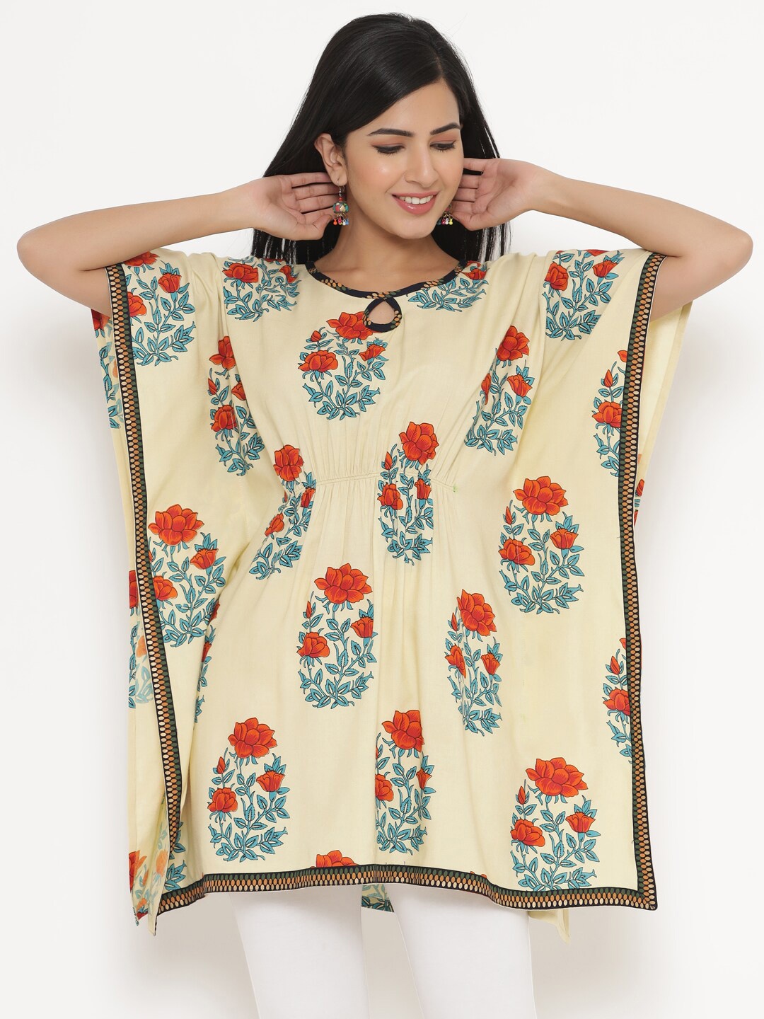 

Fabriko Beige & Red Floral Printed Keyhole Neck Kaftan Longline Top