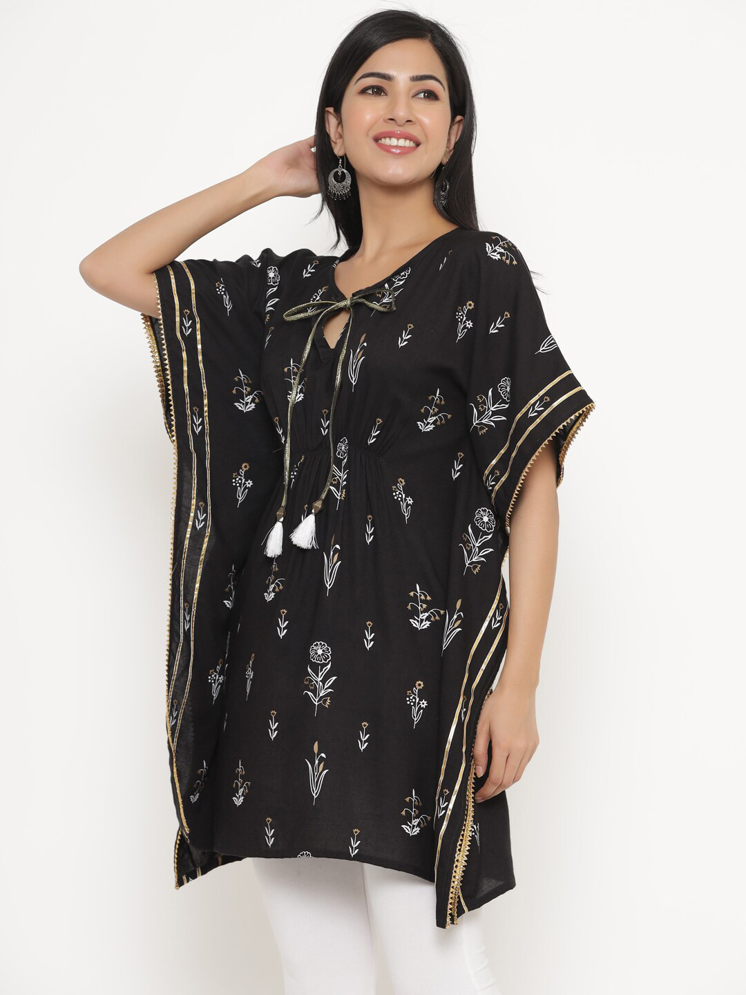 

Fabriko Black Floral Tie-Up Neck Kaftan Mini Dress