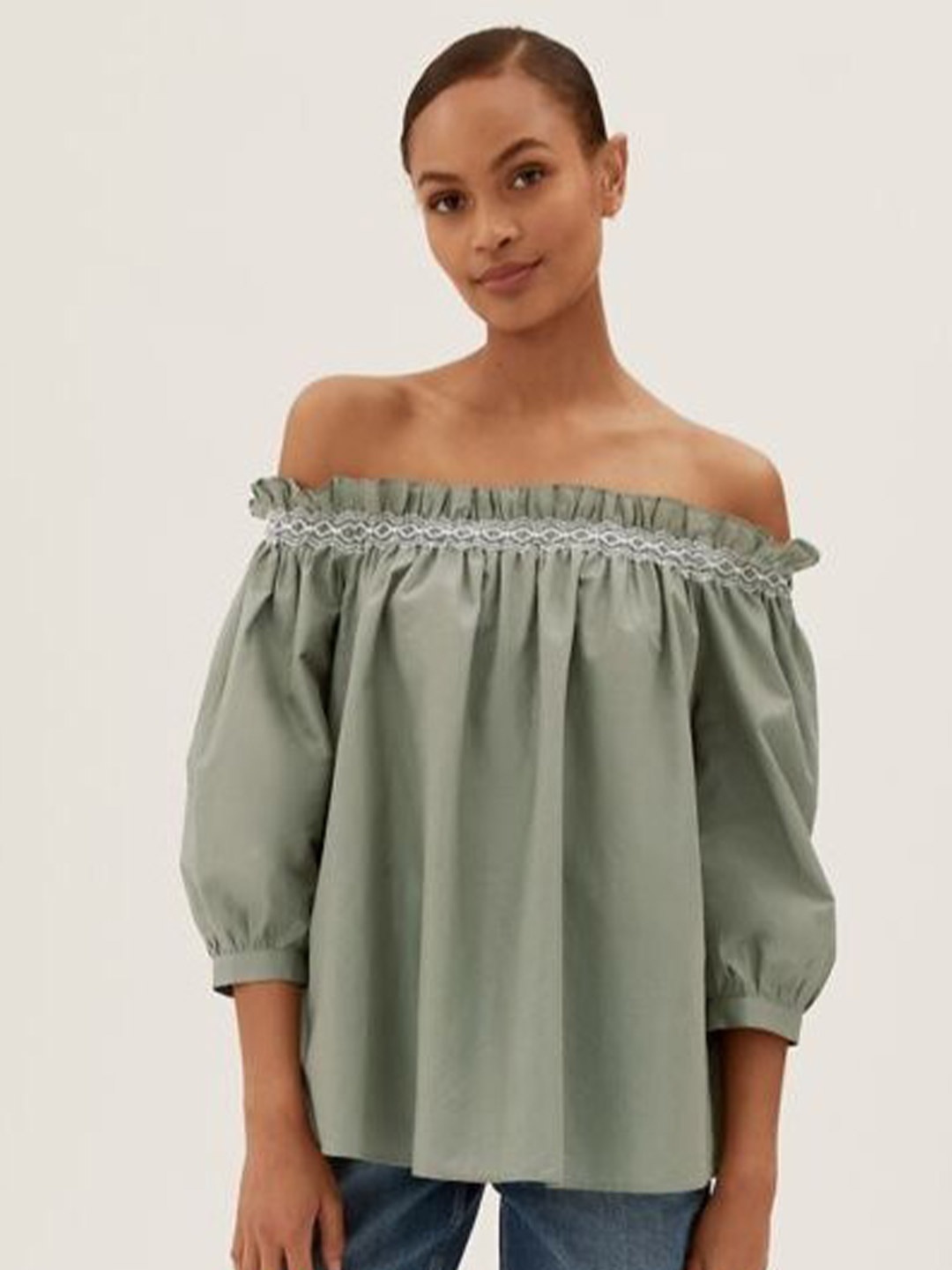 

Marks & Spencer Women Green Off-Shoulder Top