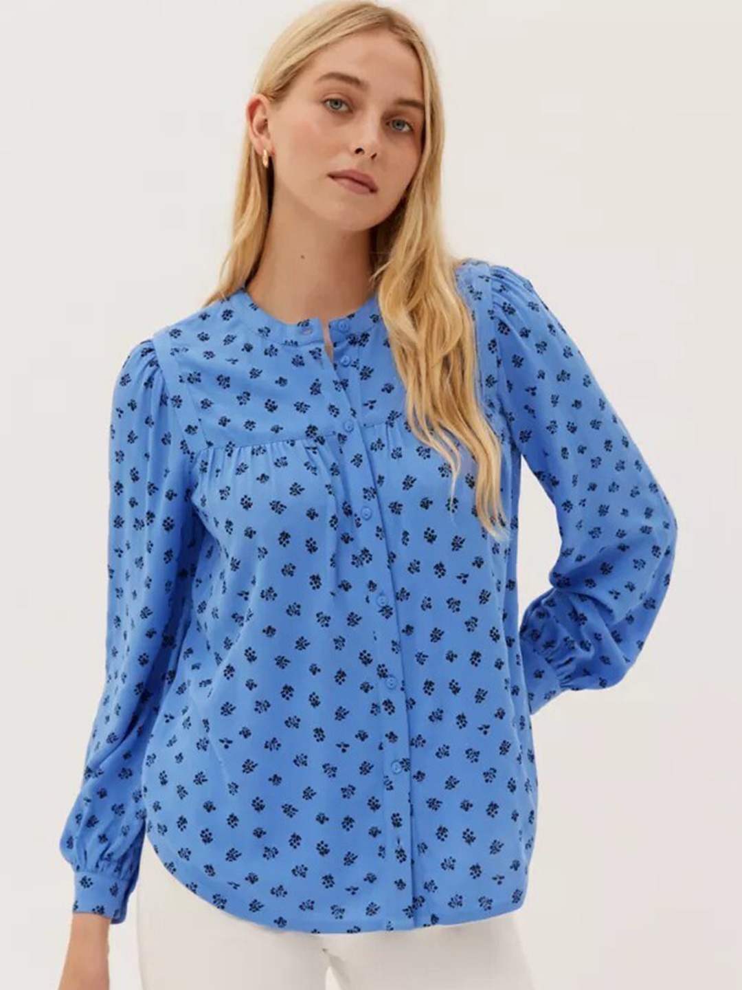 

Marks & Spencer Blue Print Mandarin Collar Top