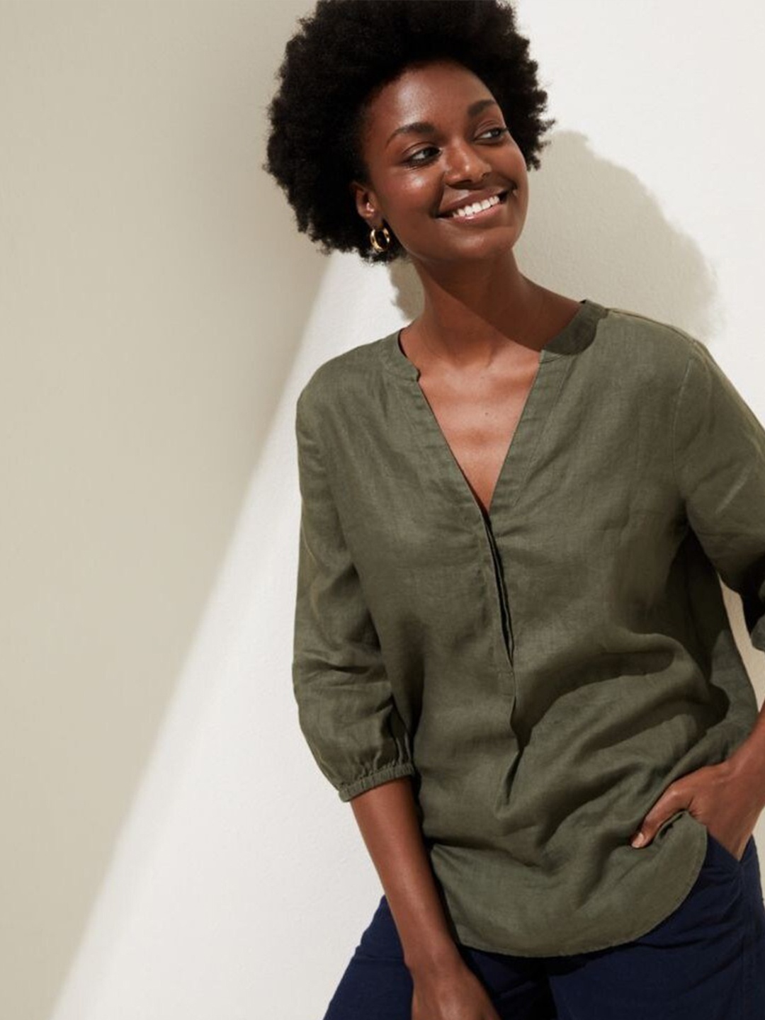 

Marks & Spencer Women Olive Green Linen Top