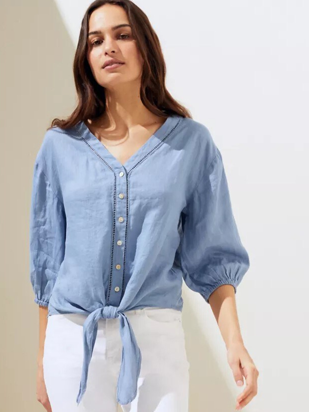 

Marks & Spencer Blue Solid Linen Regular Top