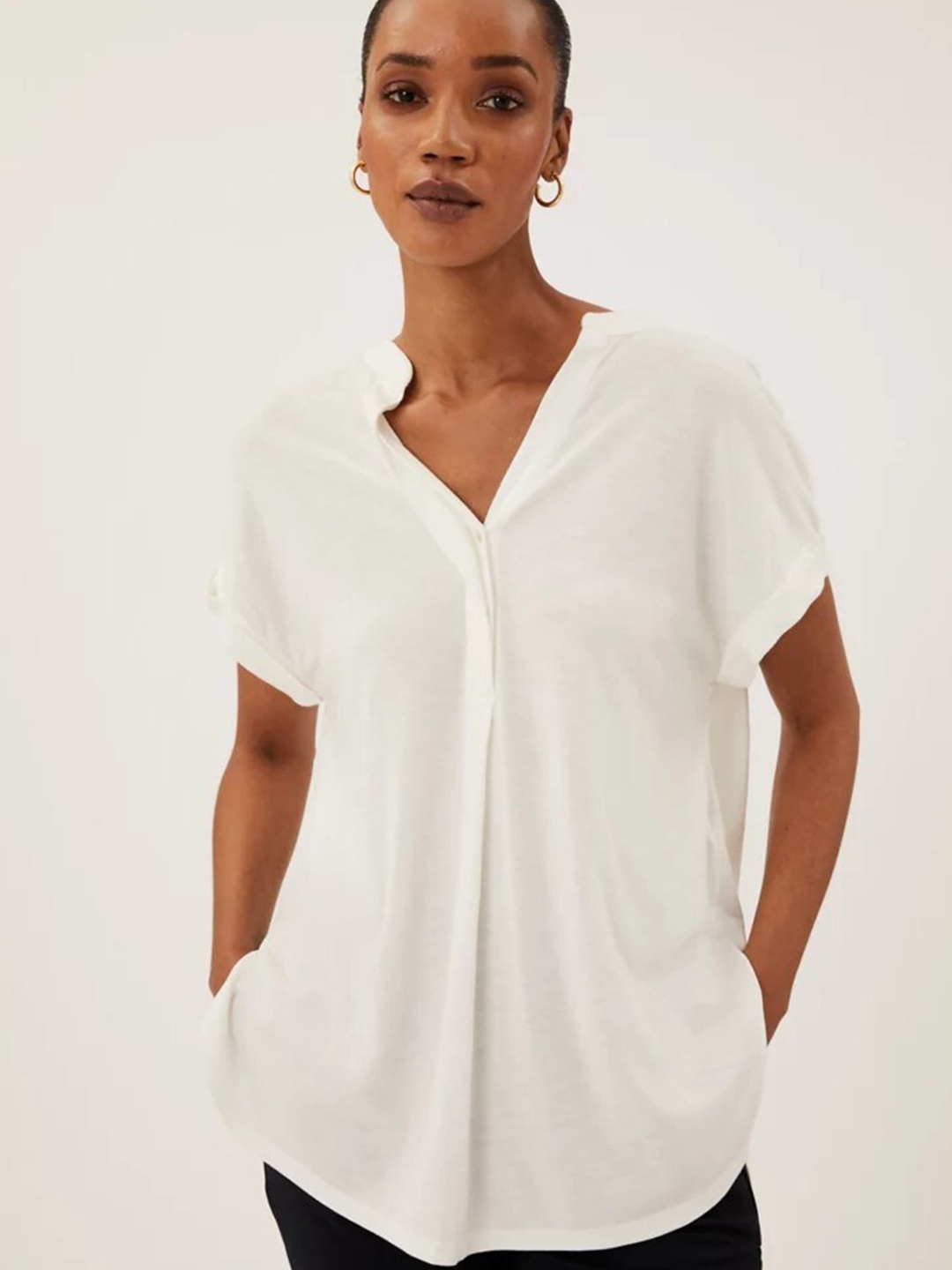 

Marks & Spencer Women White Mandarin Collar Top