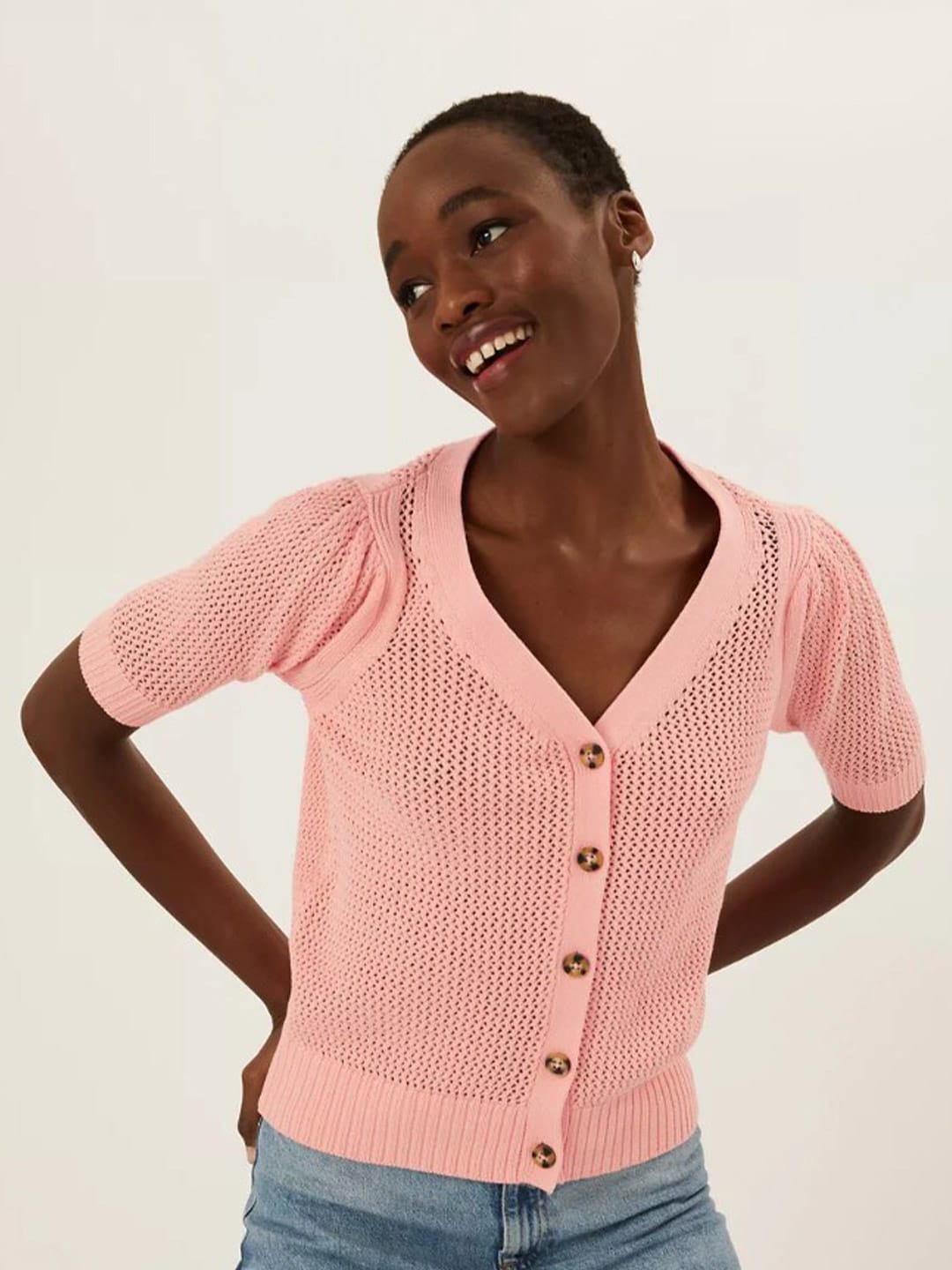 

Marks & Spencer Peach-Coloured Self Design Regular Top