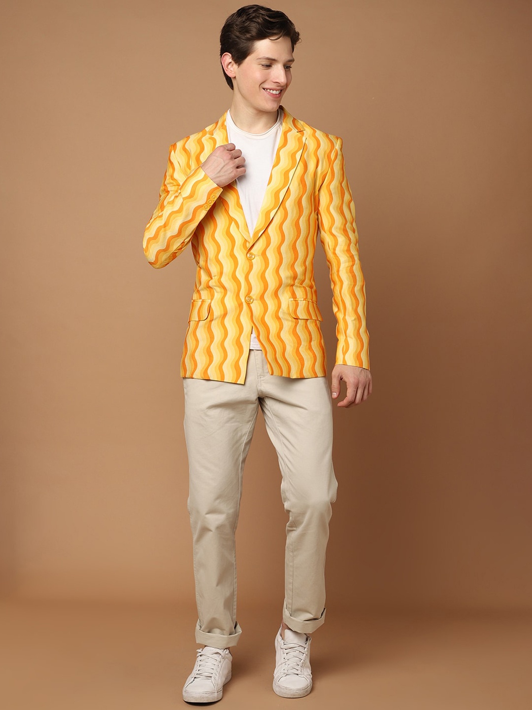 

SHABERRY Men Orange Single-Breasted Sunset Waves Blazers