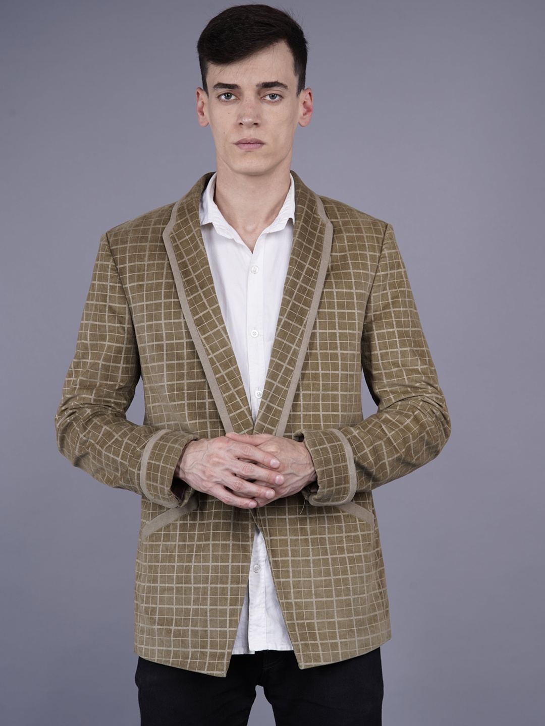 

SHABERRY Men Gold-Colored Checked Courdroy Single-Breasted Casual Blazer