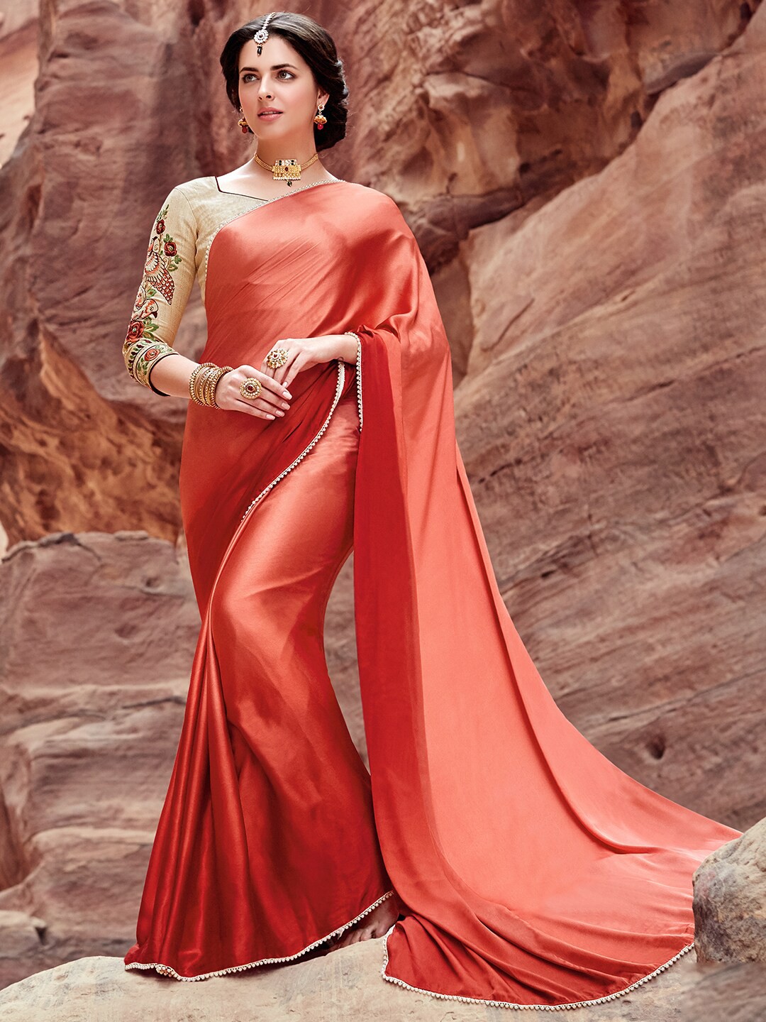 

Shaily Peach-Coloured & Red Satin Saree
