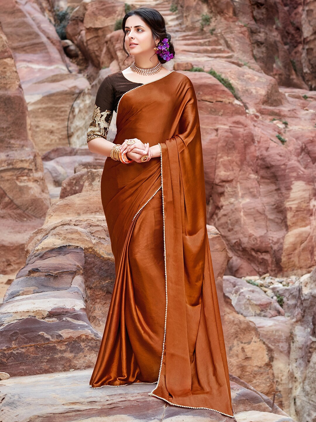 

Shaily Orange Satin Saree