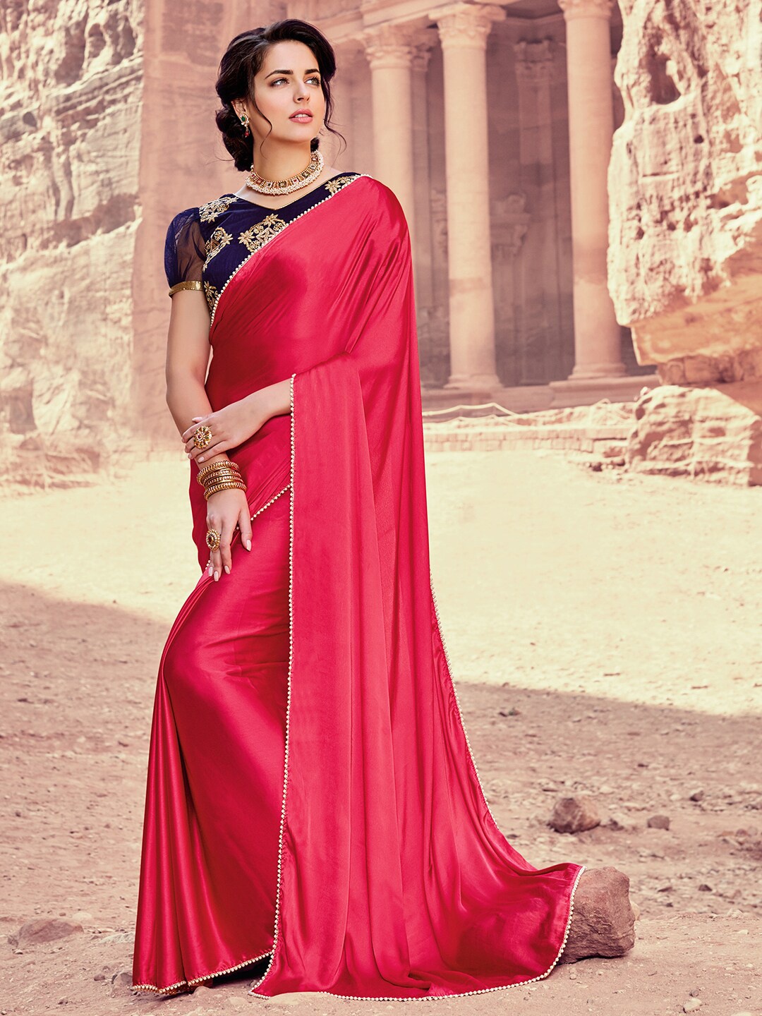 Shaily Coral & Gold-Toned Solid Satin Saree with Blouse Piece