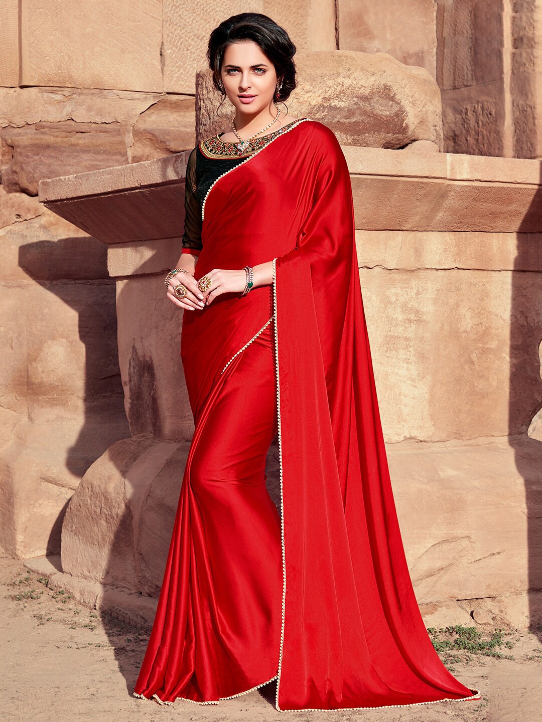 

Shaily Red & Gold-Toned Beads and Stones Satin Saree