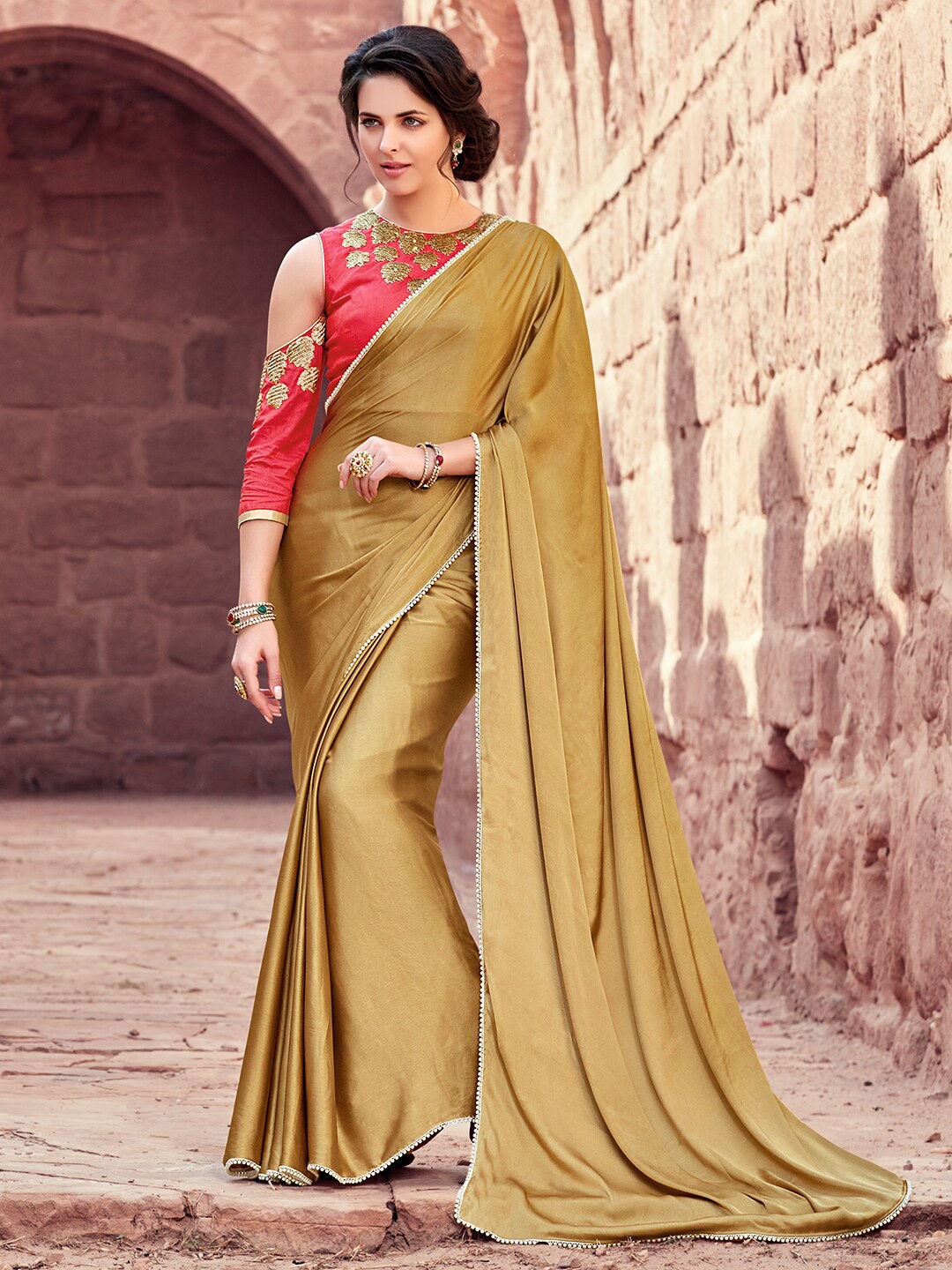 

Shaily Beige & Coral Beads and Stones Satin Saree