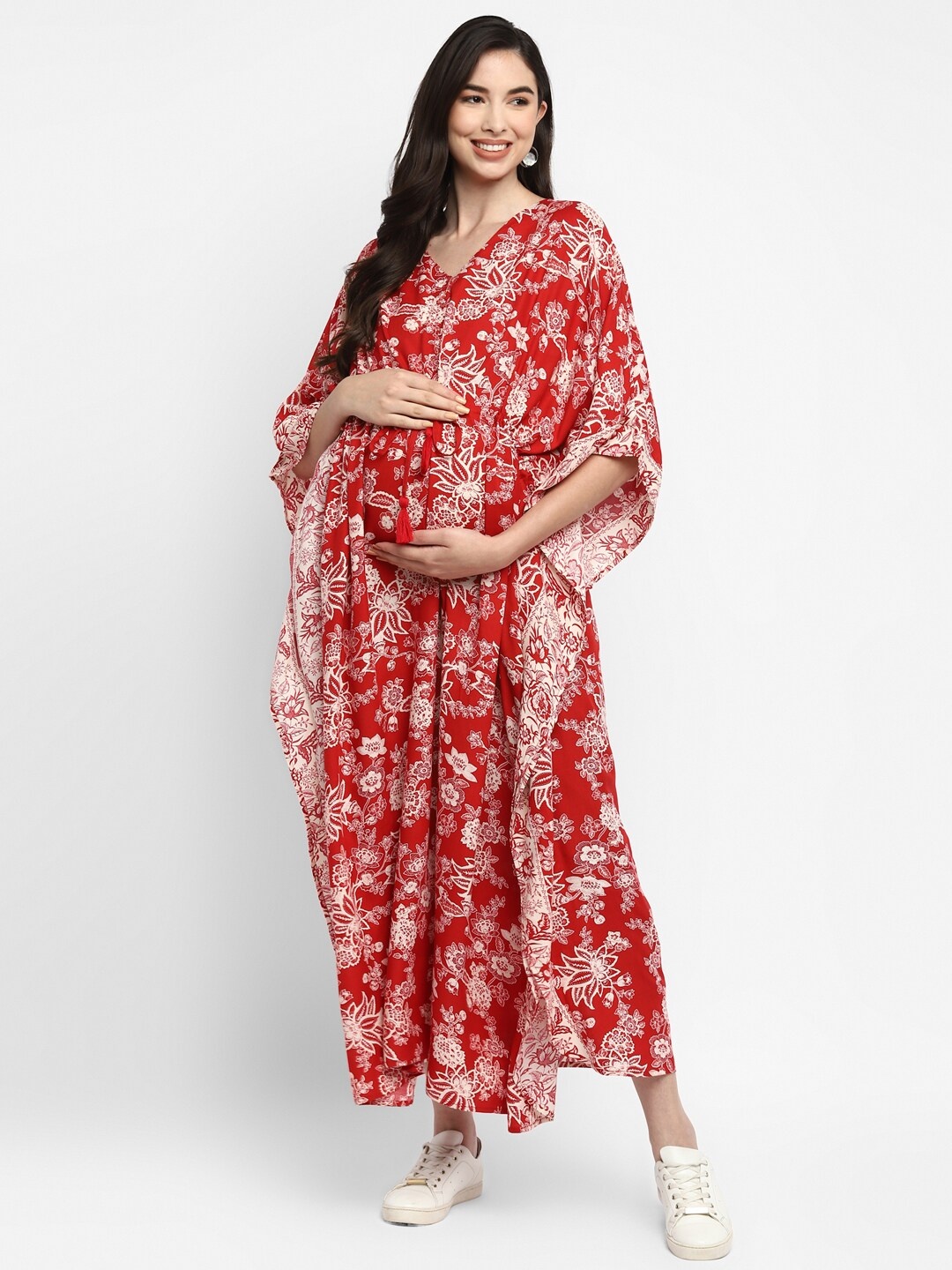 

Momsoon Maternity Red & Beige Floral Printed Maternity Kaftan Maxi Dress