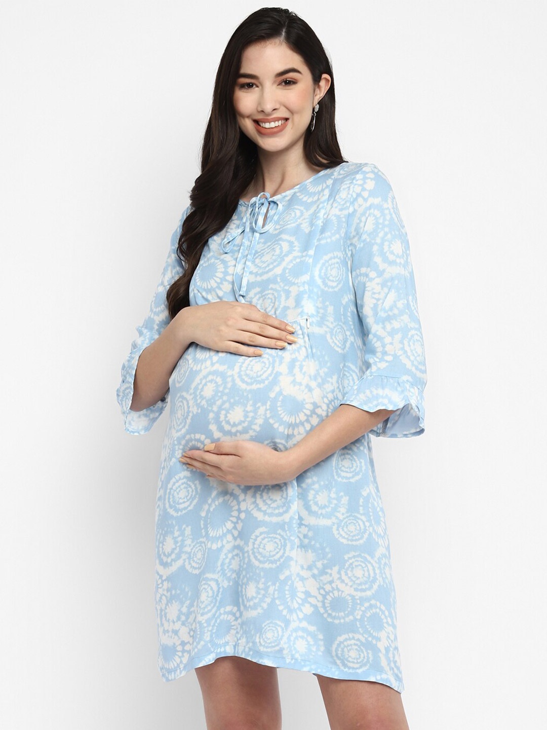 

Momsoon Maternity Blue & White Tie-Up Neck Maternity A-Line Dress
