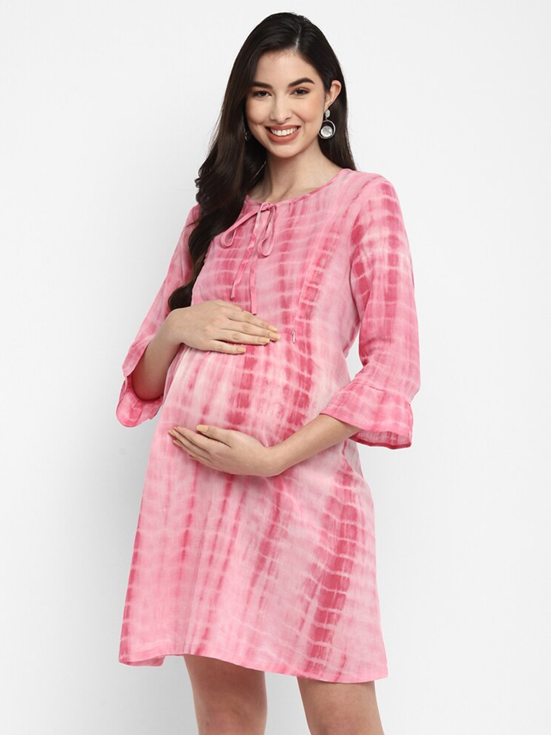 

Momsoon Maternity Pink Tie and Dye Printed Tie-Up Neck Maternity A-Line Dress