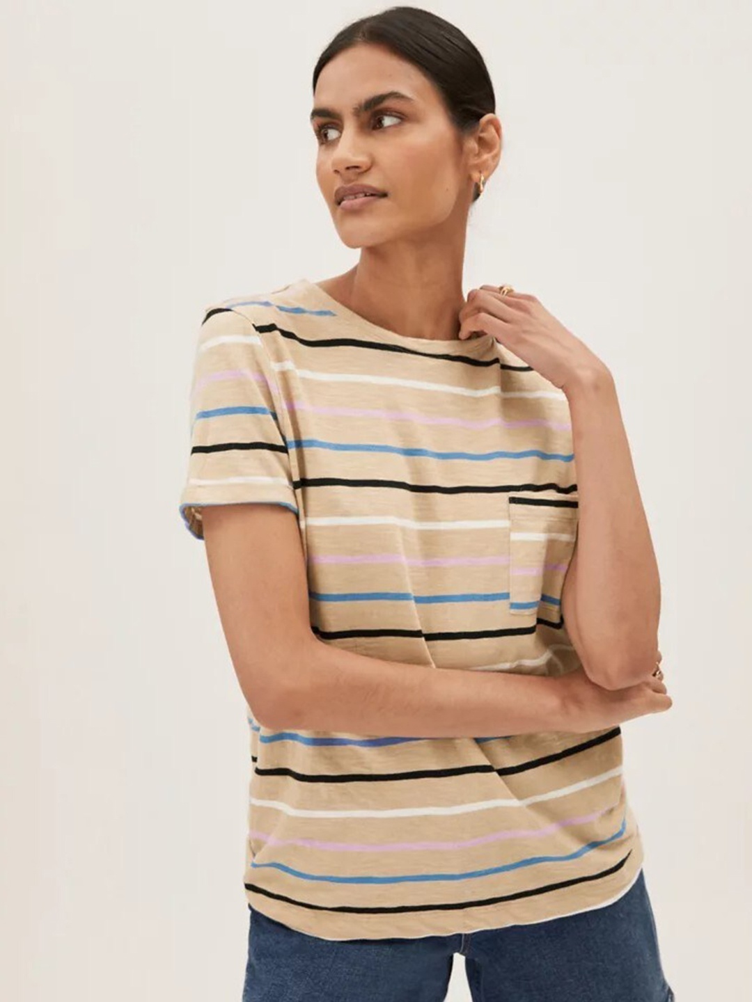 

Marks & Spencer Women Brown & Beige Striped T-shirt