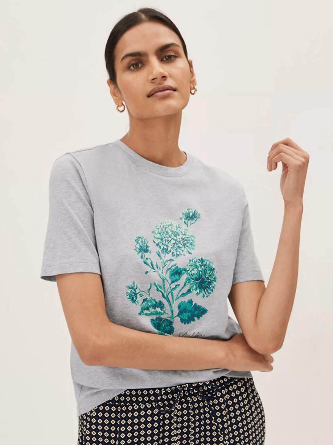 

Marks & Spencer Women Grey & Green Printed Applique T-shirt