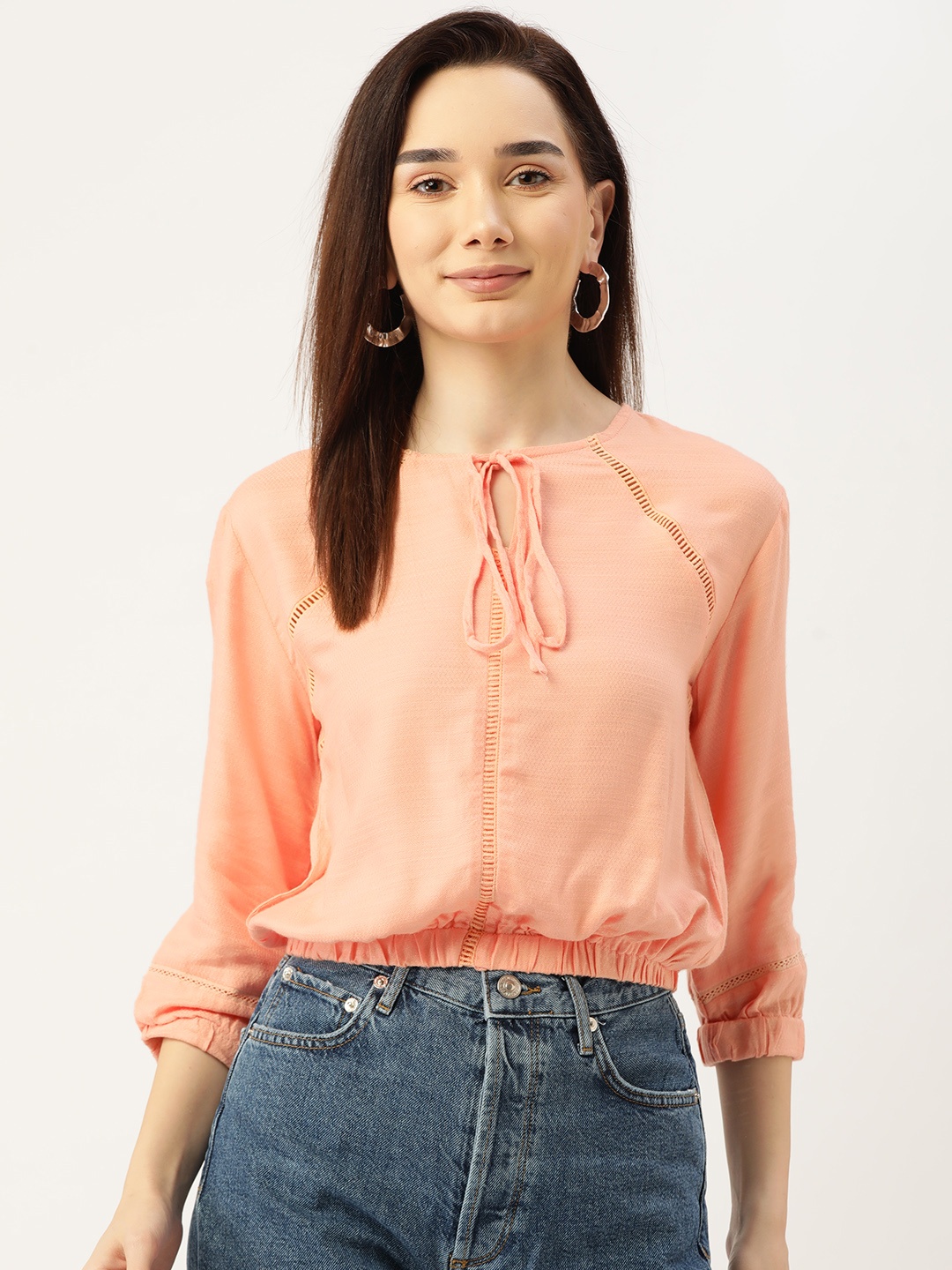 

Madame Peach-Coloured Solid Lace Inserts Blouson Crop Top