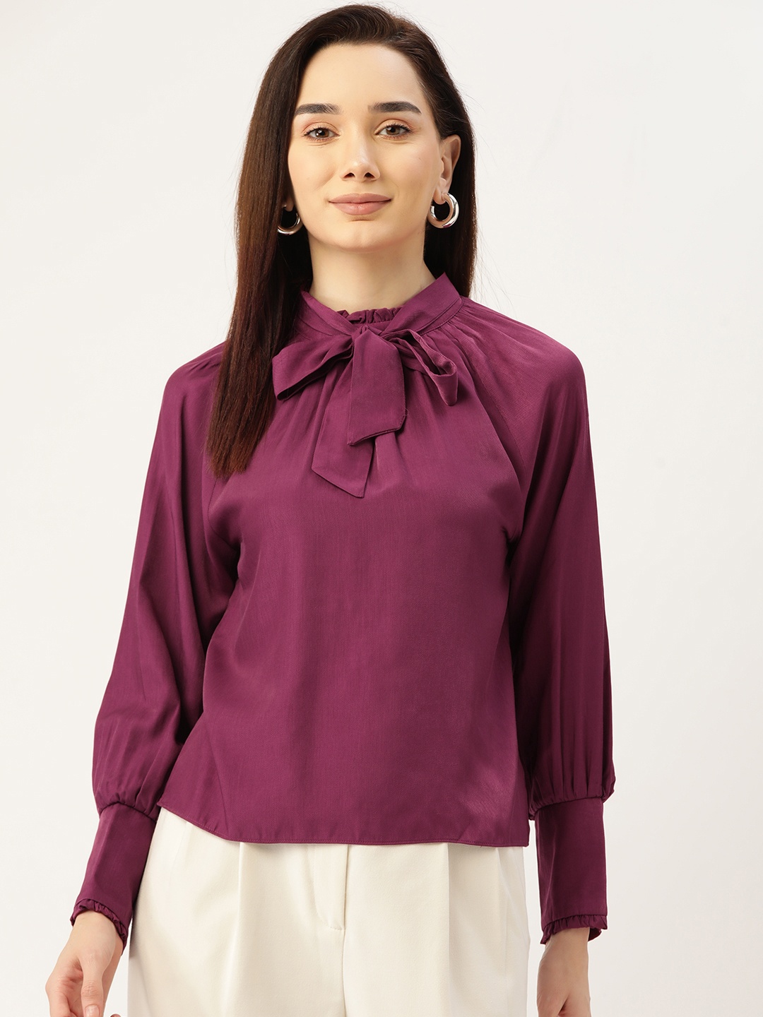 

Madame Purple Solid Tie-Up Neck Top