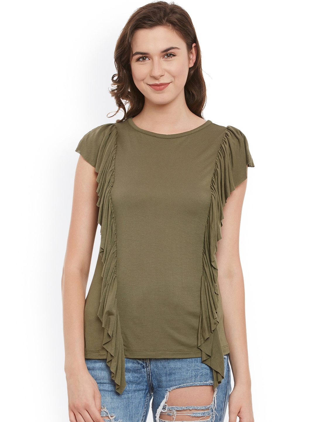 

Belle Fille Women Olive Green Solid Top with Ruffled Detail