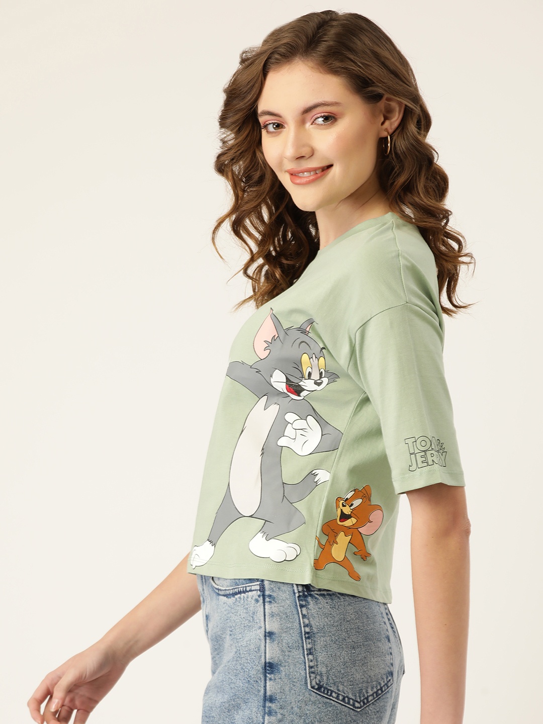 

Madame Women Green & Grey Printed Pure Cotton T-shirt