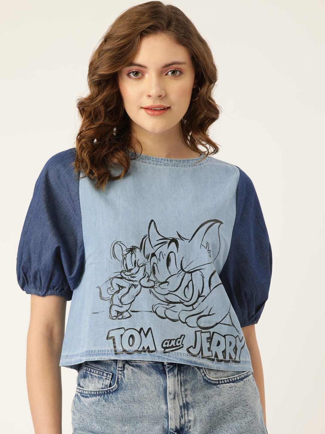 

Madame Blue & Black Tom & Jerry Printed Chambray Cotton Top