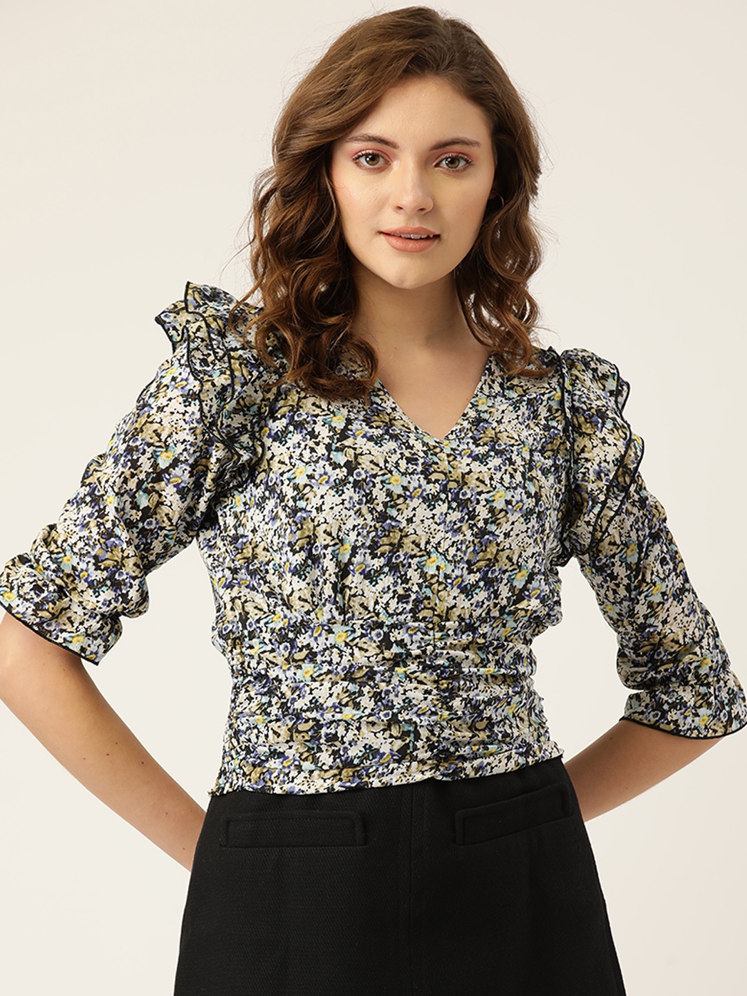 

Madame Black & Navy Blue Floral Print Cinched Waist Top