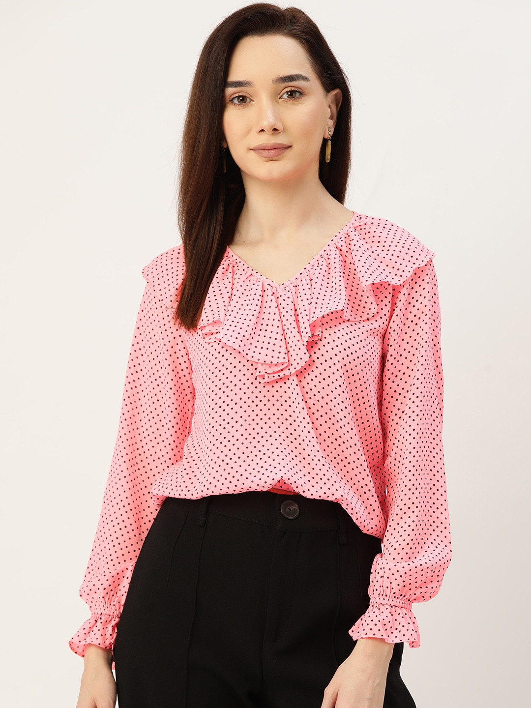 

Madame Women Pink & Black Printed Ruffles Blouson Top