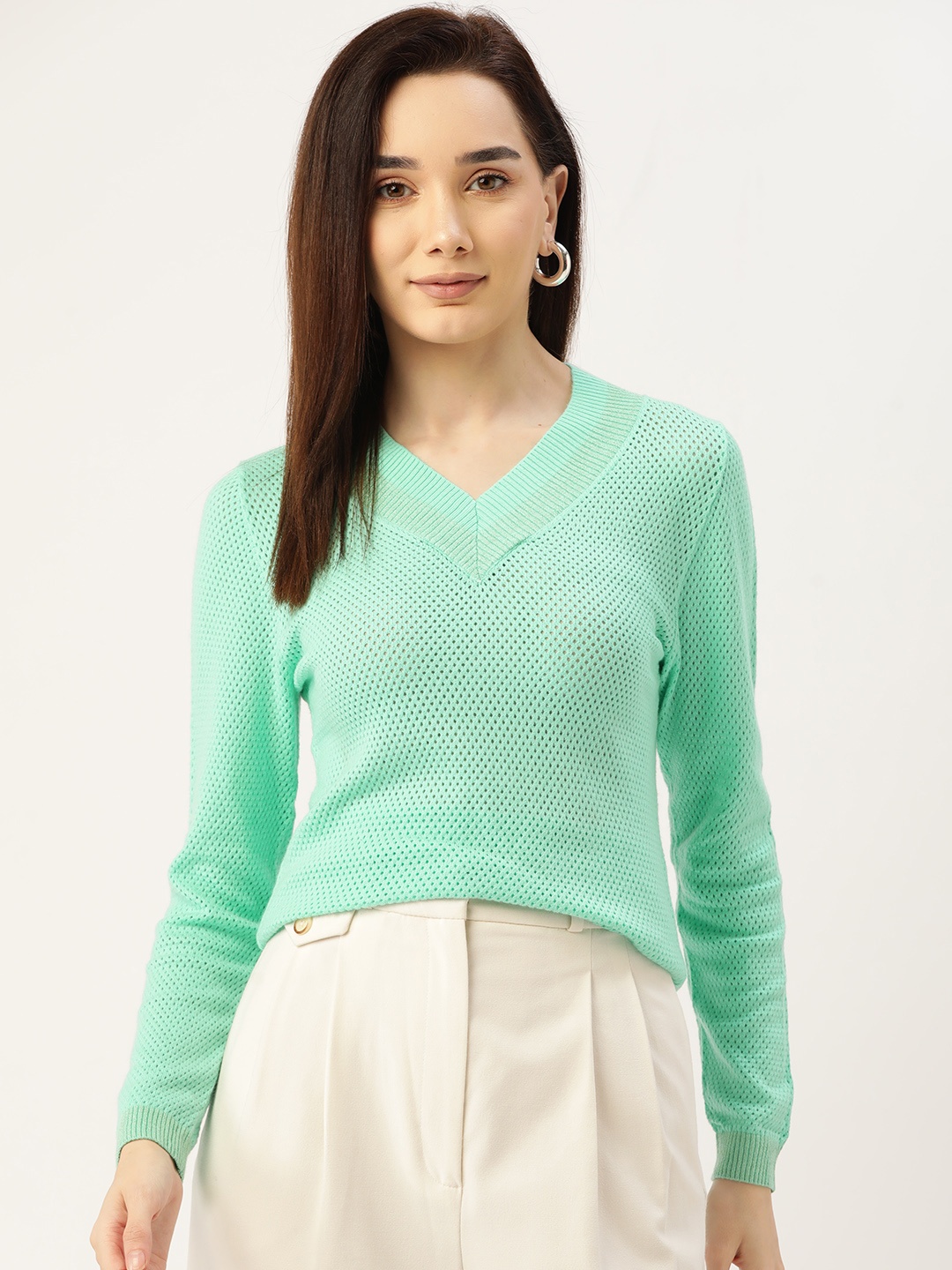 

Madame Women Green Open Knit Pullover